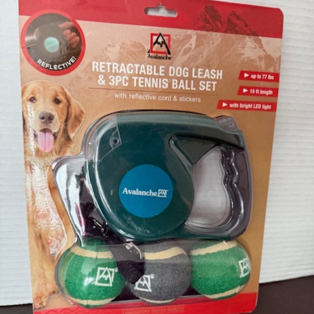 Avalanche Retractable Dog Leash with 3 PC Tennis Ball Set Reflective Cord
